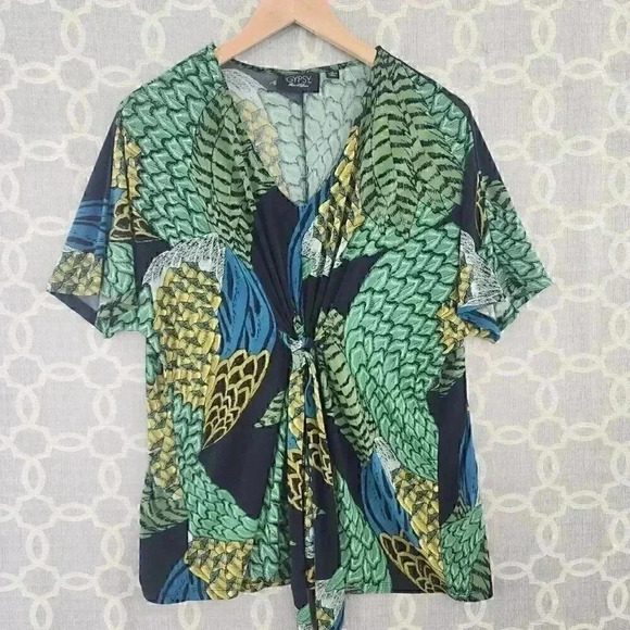 Gypsy Mara Hoffman Short Sleeve Printed Ruched Tied Front/ Back Blouse M - Picture 1 of 9